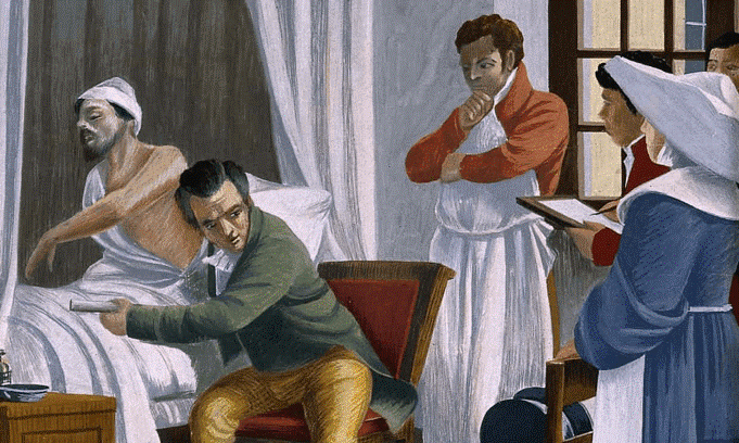 René Laënnec “listening” to a patient in the Necker hospital (as this is a man, he does not have to use his stethoscope). Gouache after T. Chartran. Photograph: Wellcome Library, London/Wellcome Library, London. Wellcome Images.